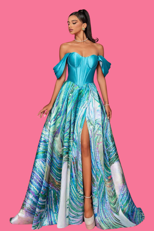 Elegant Off The Shoulders Swirling Vibrant Abstract Art Full-Length Evening Dress