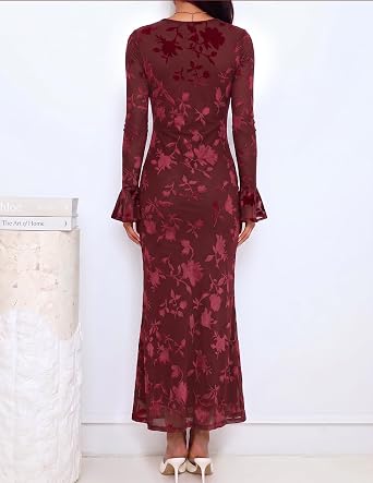 Romantic Floral Print Long Bell Sleeve Bodycon Maxi Dress-Free Shipping