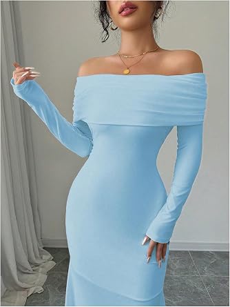 Sophisticated Off-Shoulder Long Sleeve Open-Back Bodycon Mermaid Dress-Free Shipping