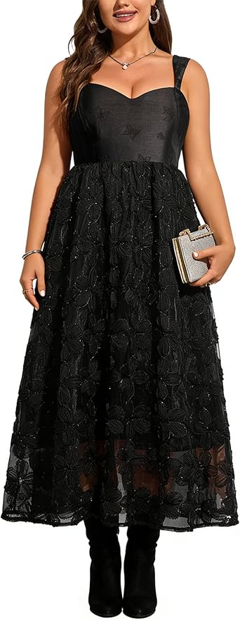 Stylish Plus Size Floral Lace Sweetheart A-Line Maxi Dress - Free Shipping