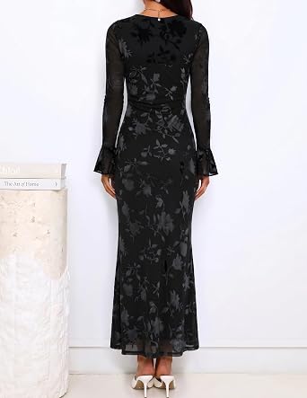 Timeless Floral Print Long Bell Sleeve Bodycon Maxi Dress-Free Shipping