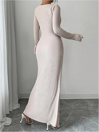 Stunning Asymmetric Ribbed Long Sleeve Ruched Slit Bodycon Dress-Free Shipping