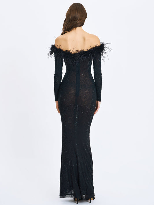 Miss Circle Emberly Black Fur Trimmed Off-Shoulder Rhinestone Mermaid Maxi Dress - Free Shipping