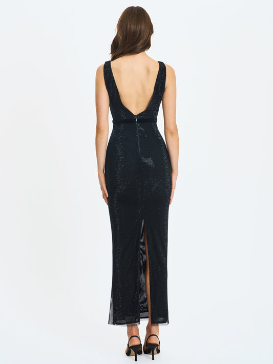 Miss Circle Olympia Black Belted Bow Plunging Rhinestone Maxi Dress - Free Shipping