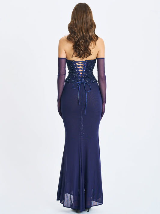Miss Circle Orabelle Navy Beaded Peplum Mermaid Maxi Gown with Lace-up Back - Free Shipping