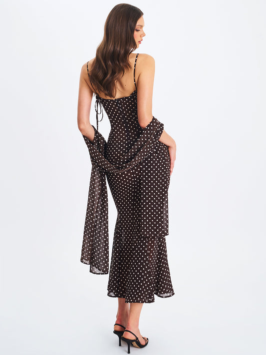 Miss Circle Yadira Brown Base Polka Dot Chiffon Maxi Dress - Free Shipping