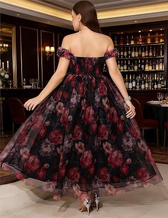 Elegant Plus Size Floral Off-Shoulder Tulle High Slit A-Line Maxi Dress - Free Shipping