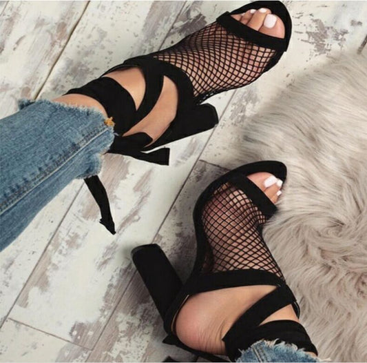 Lace-Up Bandage Open-Toe Flock High Heels - Free Shipping