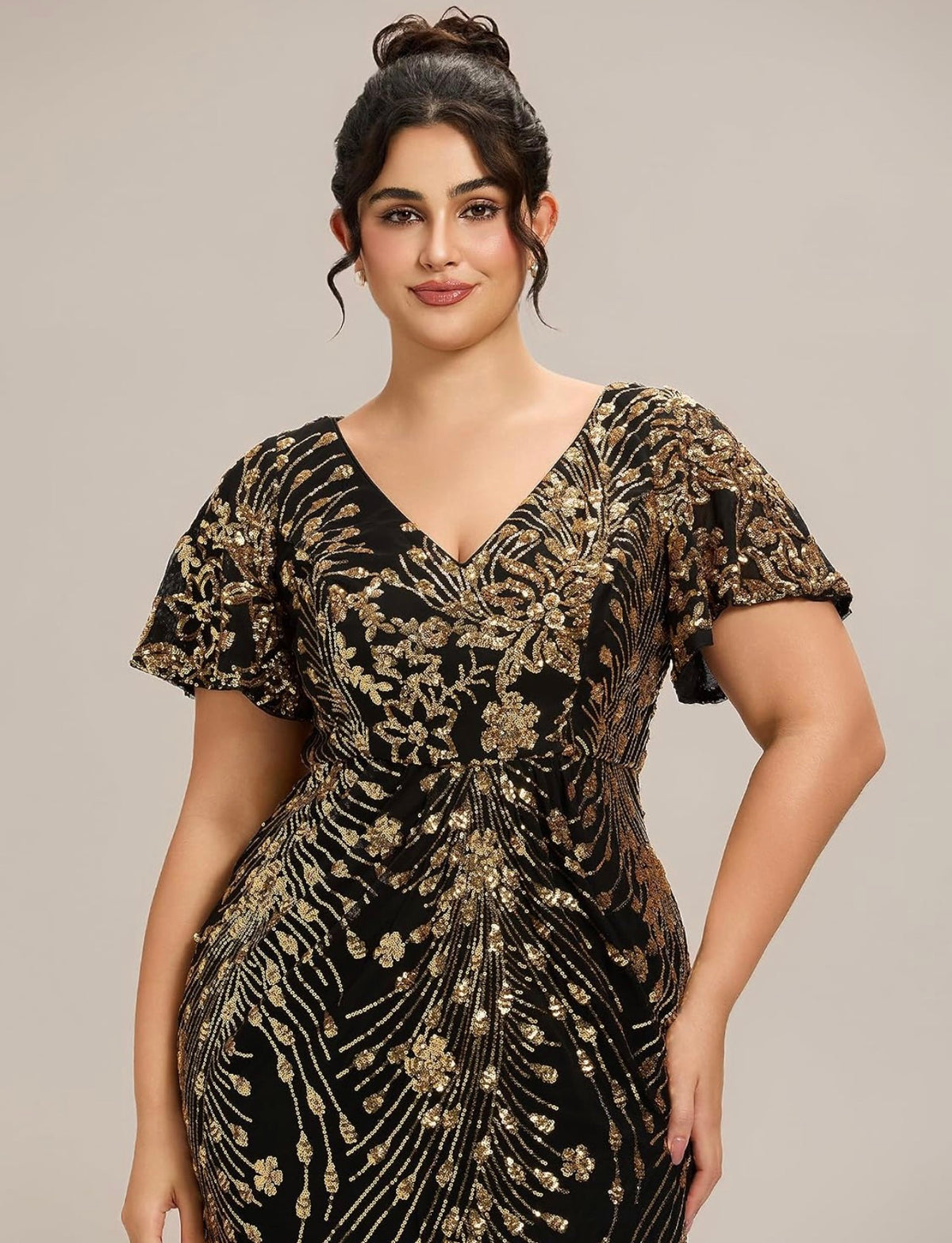 Elegant Plus Size Sequin V-Neck Flutter Sleeve Maxi Dress - Free Shipping