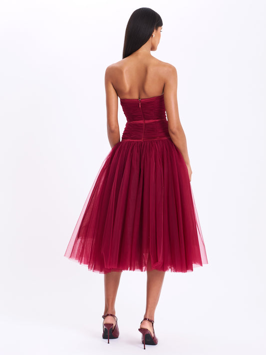 Miss Circle Mabel Burgundy Drop Waist Layered Mesh Midi Puffy Dress with Bow - Free Shipping