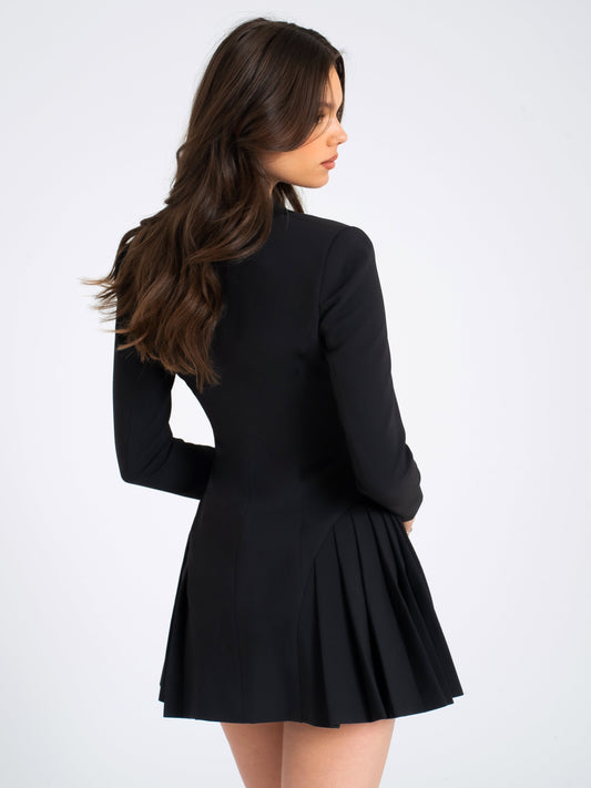 Miss Circle Ria Black Blazer Mini Dress with Crystal Button and Pleated Detail - Free Shipping