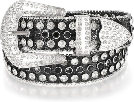 Fashionable Rhinestone Silver Buckle 1.5in Leather Belts