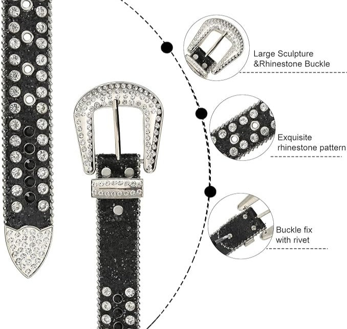 Fashionable Rhinestone Silver Buckle 1.5in Leather Belts