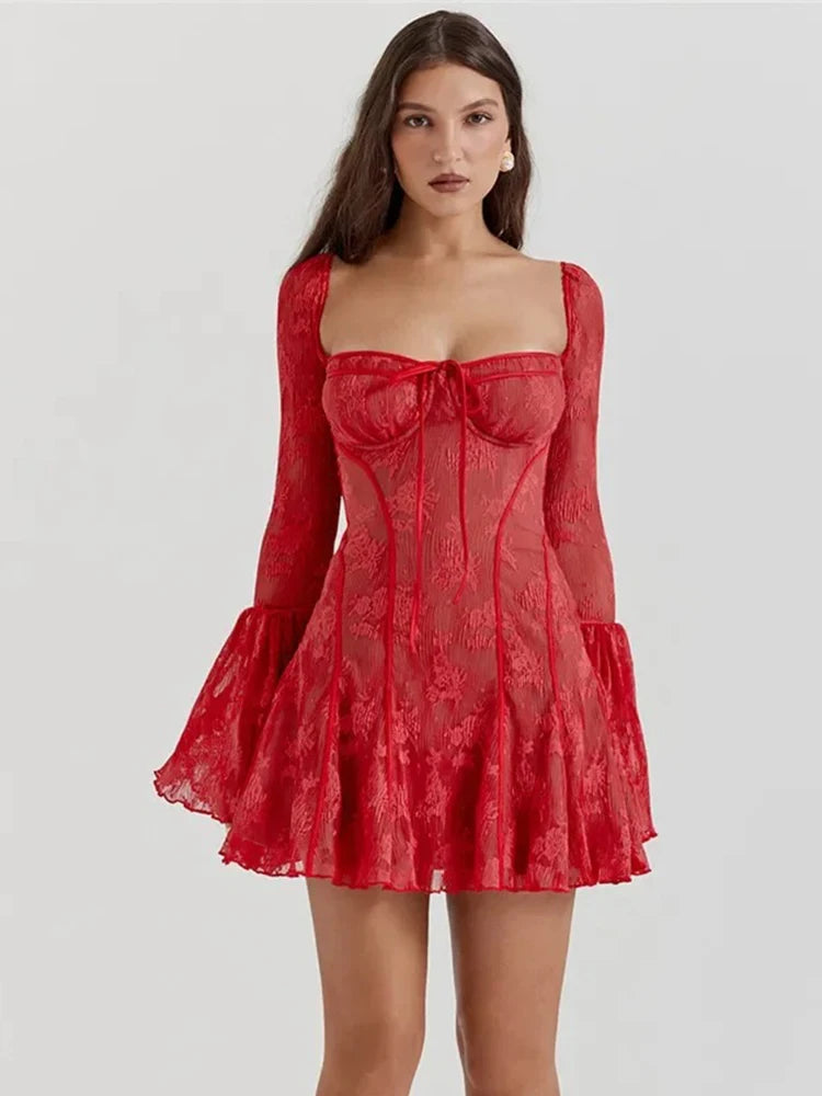 Chic Fashionable Floral Lace Pleated Mini Dress - Elegant Square Collar with Flare Sleeve Detail
