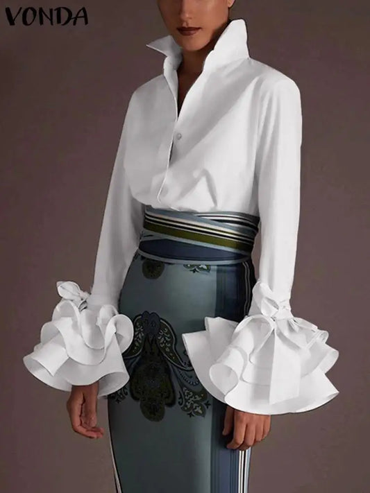 Classic Feminine Blouse with Dramatic Flare Ruffle Sleeves and Tailored Button Front