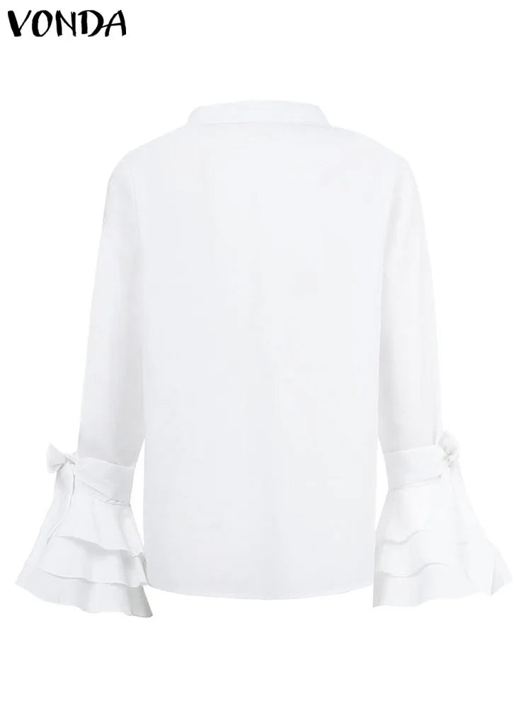 Classic Feminine Blouse with Dramatic Flare Ruffle Sleeves and Tailored Button Front