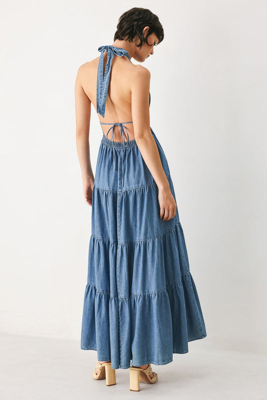 Elegant Ocean Sky Denim Midi Dress - Free Shipping