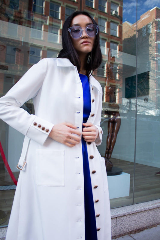 Elegant White Long Sleeve Belted Waist Buttoned Trench Coat - Free Shipping