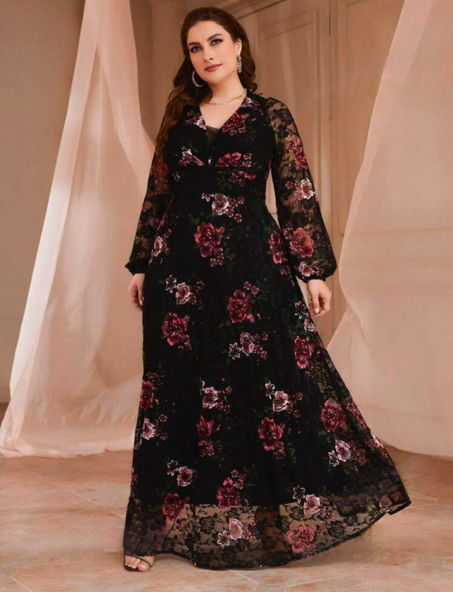 Charming V-Neck Plus Size Lace Dress - Flowy A-Line Maxi for All Occasions