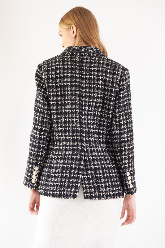 Stylish Black White One Button Pocket Satin Trim Tweed Checkered Blazer - Free Shipping