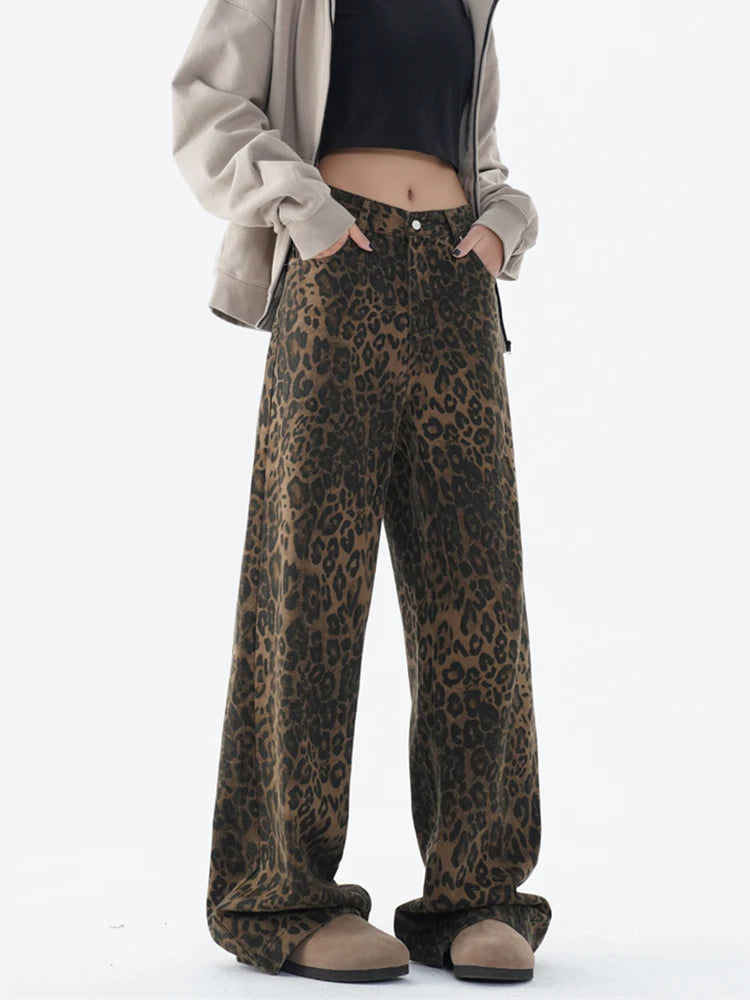 Retro-Inspired High-Waisted Wide-Leg Denim - Casual Oversized Printed Trousers