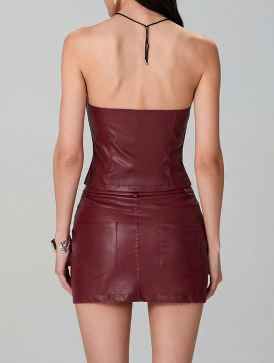 Sexy Eye-Catching Strapless Zipper Top Short Mini Faux Leather Skirt Set-Free Shipping
