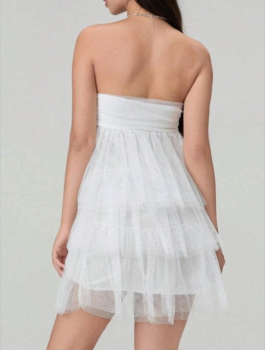 Chic White Strapless Layered Ruffle Hem Lace Mini Short Dress-Free Shipping