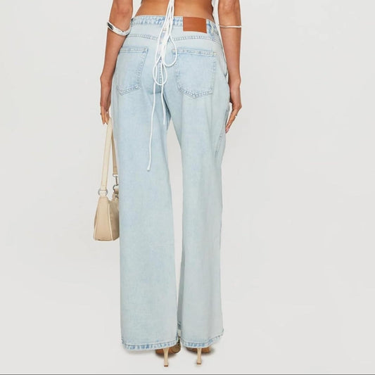 Chic Low Waist Zipper Fly Pocket Wide Leg Denim Jeans Pants-Free Shipping