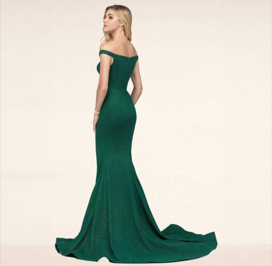 Stunning Emerald Off-Shoulder Glitter Mermaid Train Dress-Free Shipping