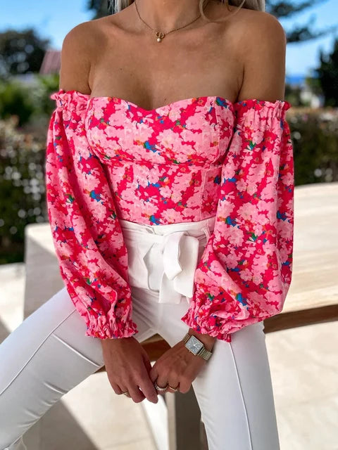 Elegant Floral Sweetheart  Neckline Long Sleeve Crop Top - Off-Shoulder Blouse with Square Back Detail
