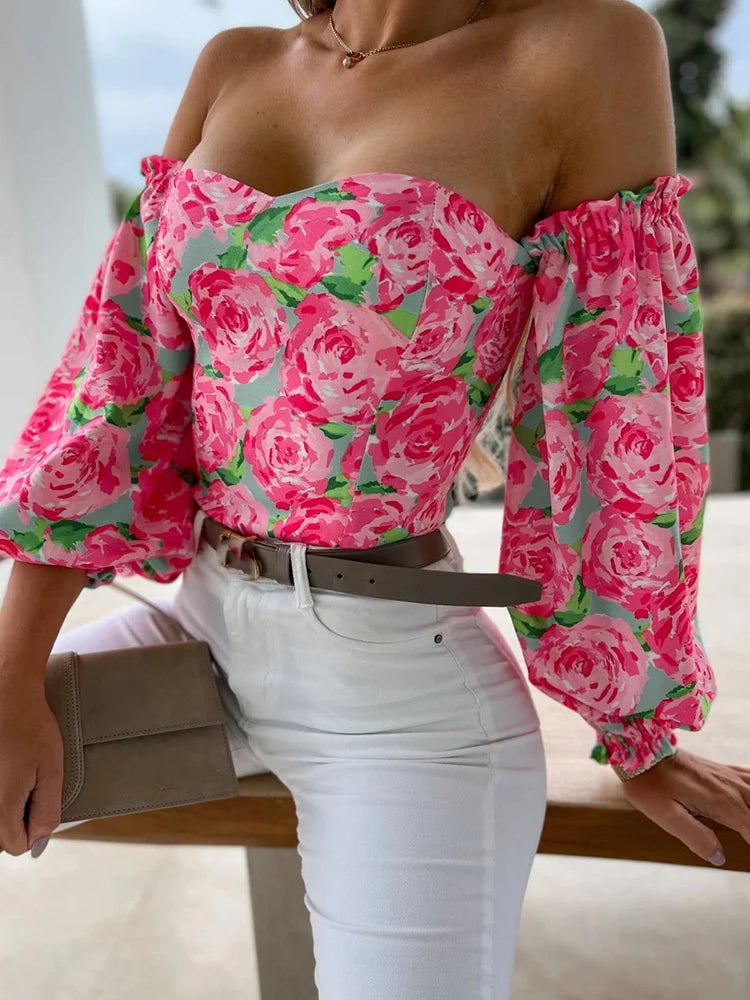 Elegant Floral Sweetheart  Neckline Long Sleeve Crop Top - Off-Shoulder Blouse with Square Back Detail