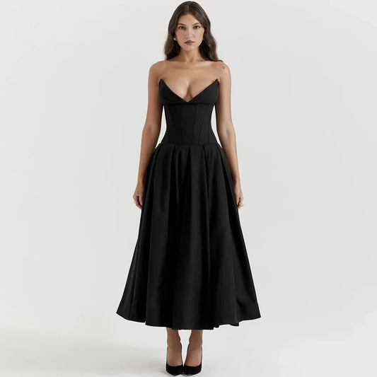 Elegant Midi Dress with Strapless Corset Design - Ideal for Wedding Guests and Celebrations