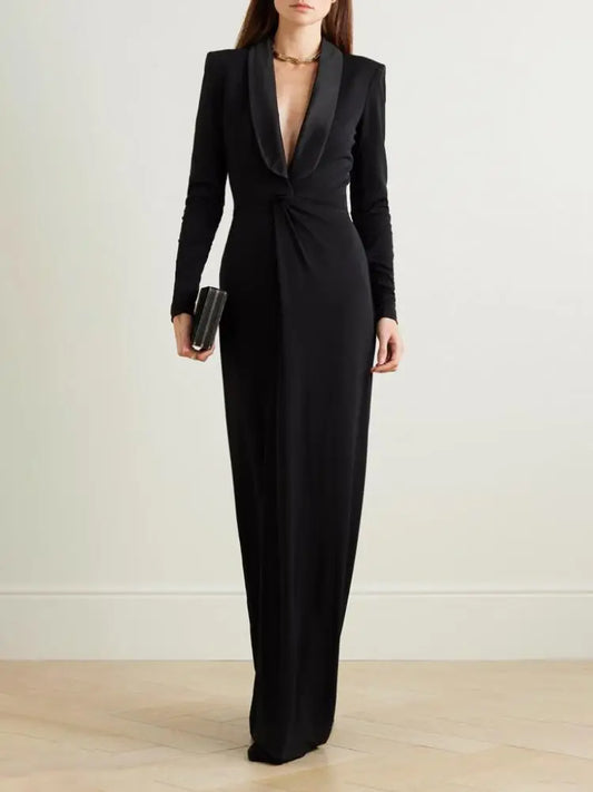 Classic Elegance Deep V-Neck Tuxedo Style Maxi Dress - Sophisticated Evening Wear for Women