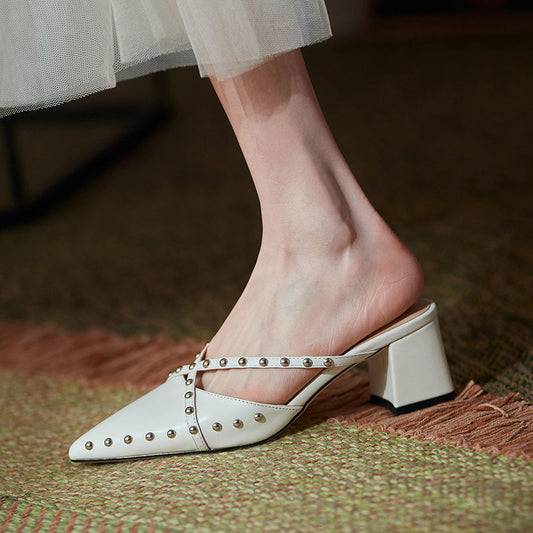 Stylish Studded Pointed Toe Slip-On Block Heels - Free Shipping