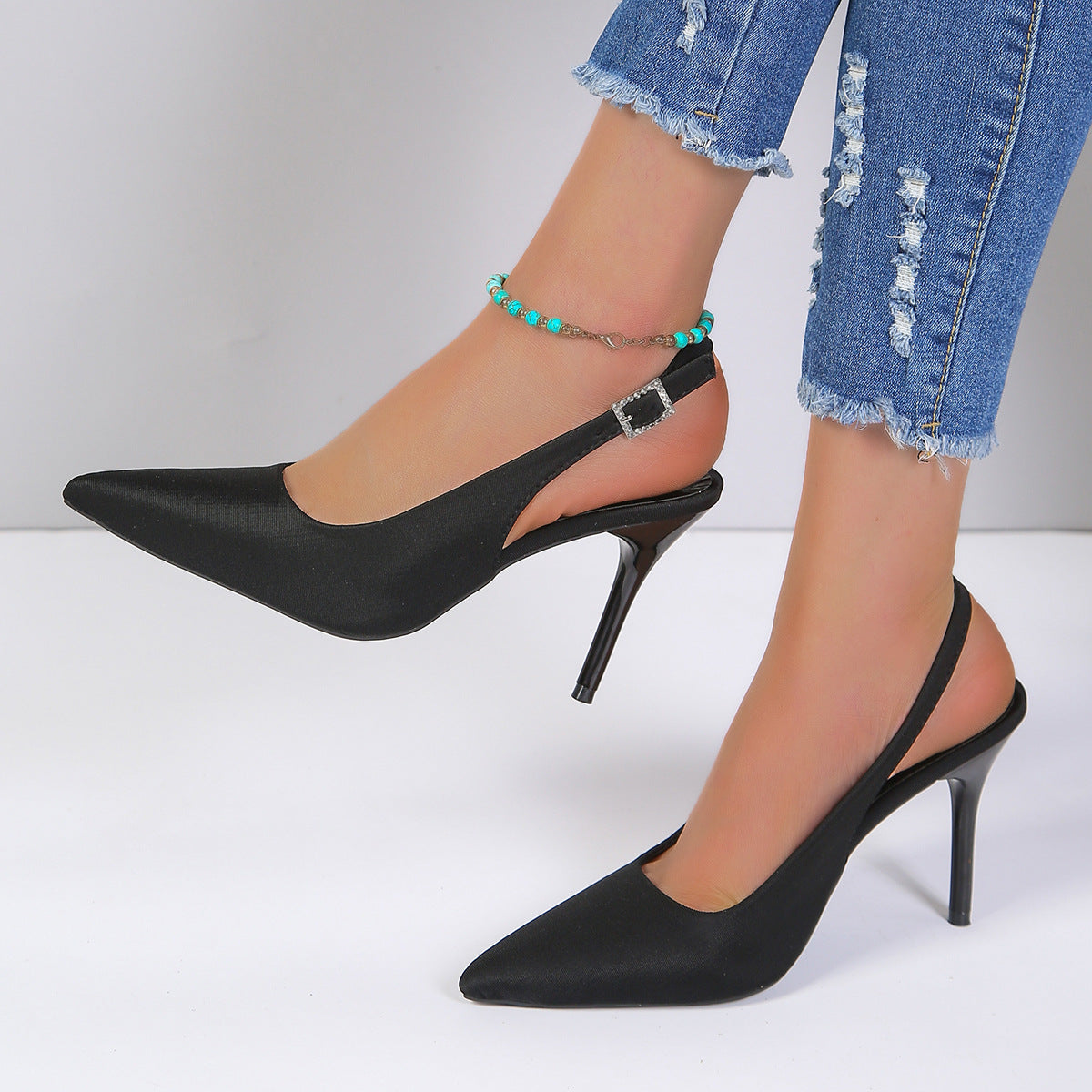 Pointed Toe PU Upper Open-Toe Buckle Stiletto High Heels - Free Shipping