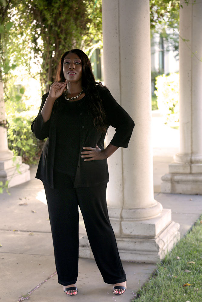 Chic Black Plus Size Button-Front Three-Quarter Sleeve Cardigan – Free Shipping