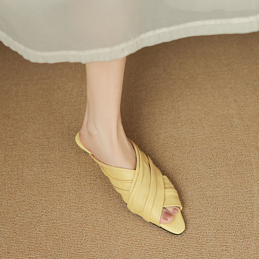 Ruched Lambskin Handmade Leather Flat Sandals - Free Shipping
