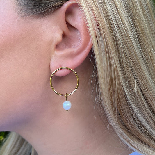 Freshwater Pearl Circle Earrings Gold Plated Recycled Shell Handmade - Free Shipping