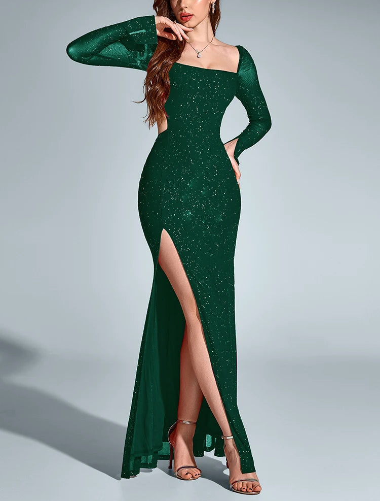 Women’s Sequin Square Neckline Long-Sleeve Cut-Out Back Maxi Long Dress – Free Shipping