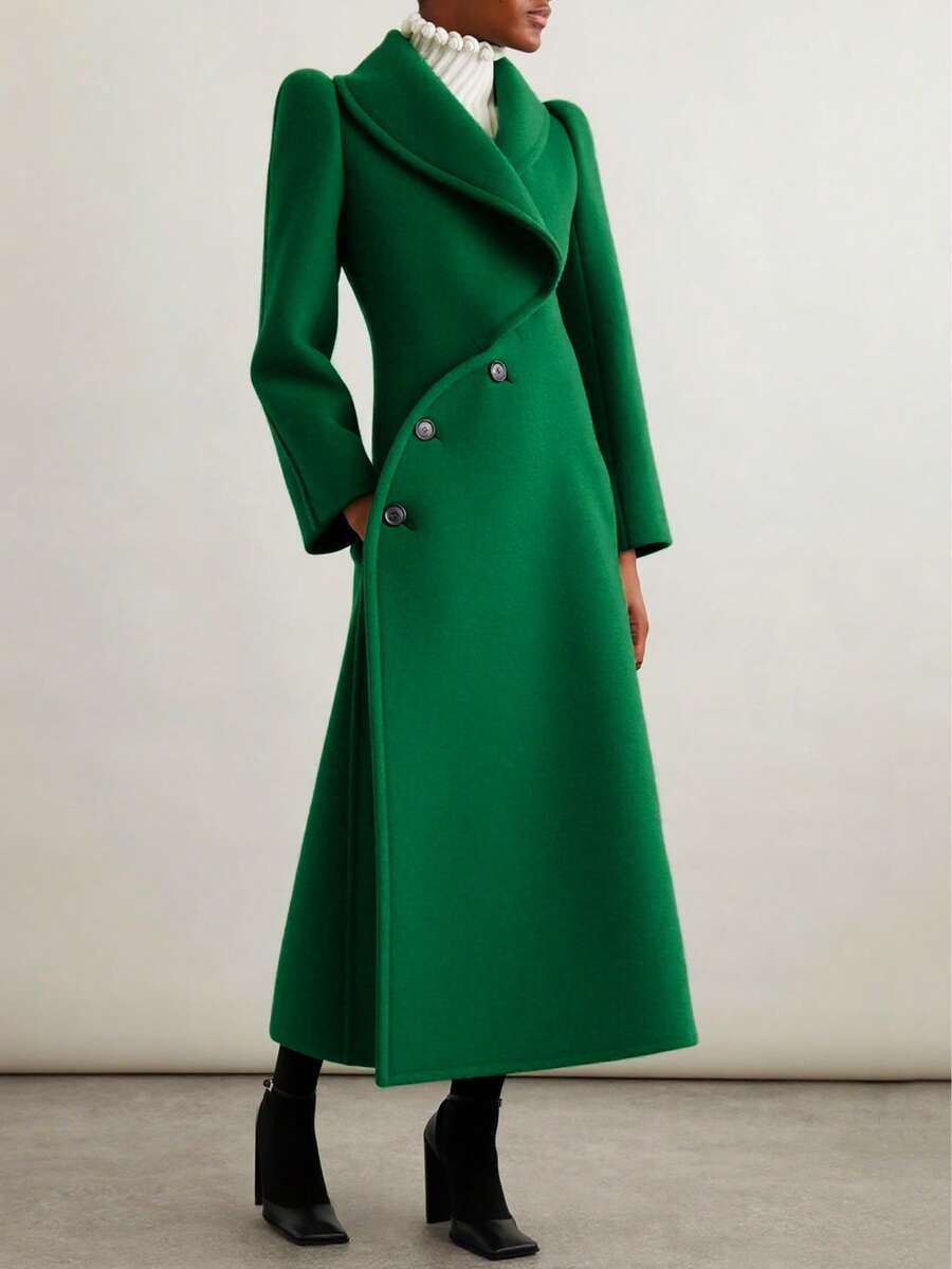 Stylish Double Breasted Asymmetrical Button Long Puff Sleeves Long Overcoat - Free Shipping
