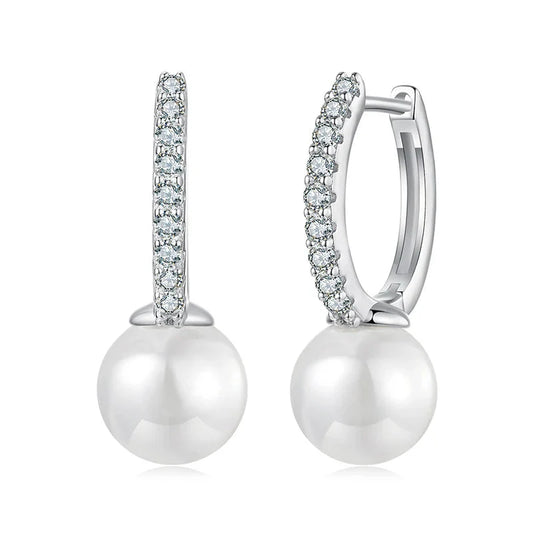 Moissanite Pearl Drop Earrings 925 Sterling Silver Shell Hoop - Free Shipping