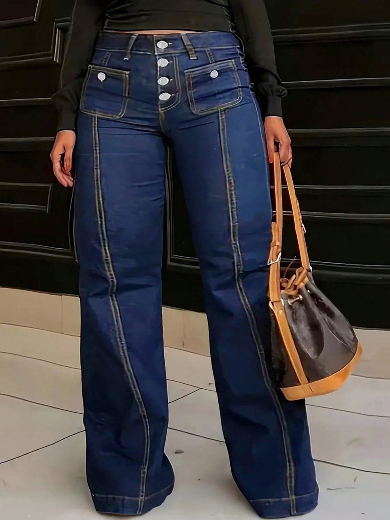 Stylish Plus Size High-Waisted Button Fly Flared Denim Jeans Pants-Free Shipping