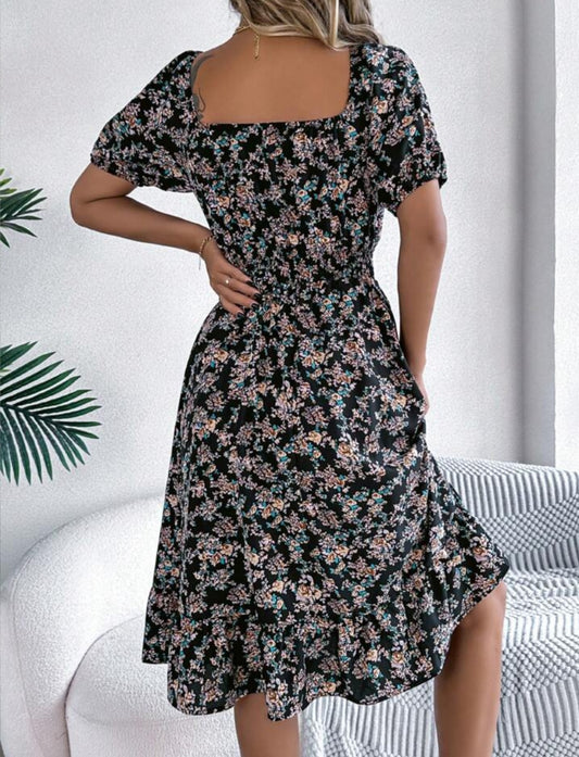 Chic Floral Puff Sleeve Smocked Waist Midi Dress - Free Shipping