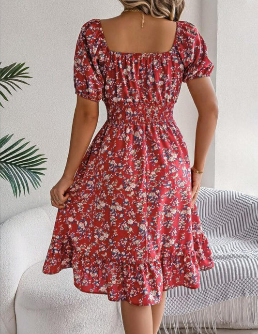 Chic Floral Puff Sleeve Smocked Waist Midi Dress - Free Shipping