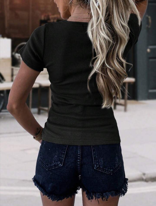 Trendy Ribbed Button-Up V-Neck Short Sleeve Henley Top– Free Shipping