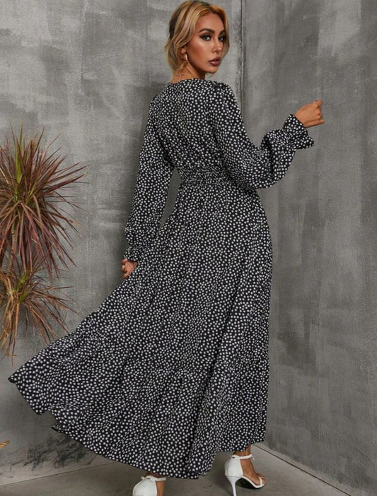 Stylish Flowy Black Dotted Maxi Dress with Long Sleeves -Free Shipping