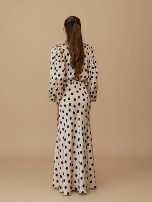 Timeless Polka Dot V-Neck Long Puff Sleeve Draped Maxi Mermaid Dress - Free Shipping