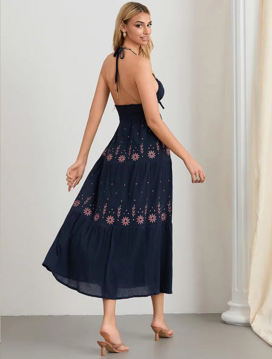 Flowy Tiered Halter Neck Embroidered Details Midi Dress - Free Shipping