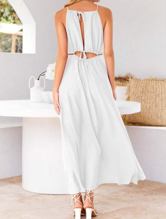 Stylish Halter Cut-Out Waist High Slit Flowy Maxi Dress – Free Shipping