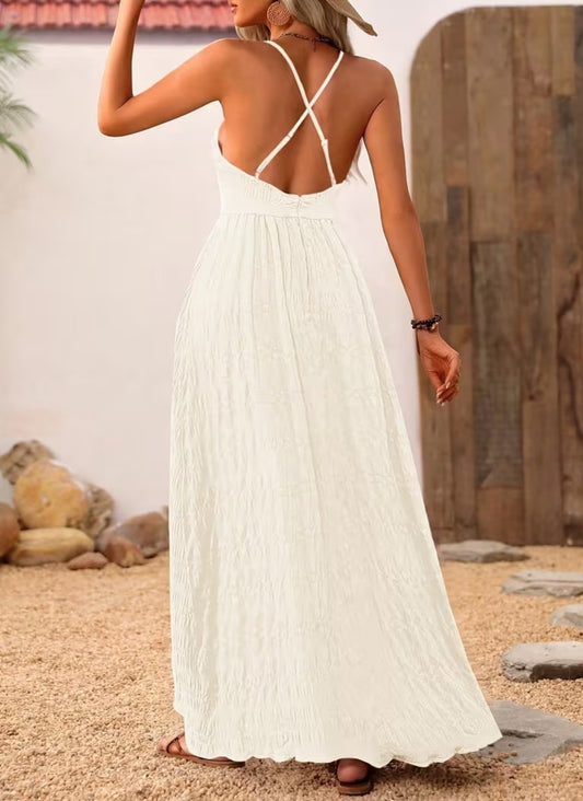 Elegant Sleeveless Deep V-Neck Open Back Flowy Maxi Dress-Free Shipping